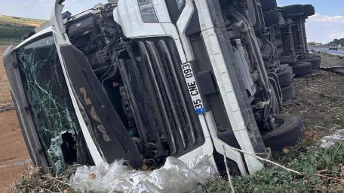 Devrilen buğday yüklü kamyonun sürücüsü yaralandı